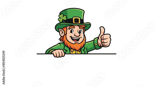 A cheerful leprechaun in a green hat with a shamrock gives a thumbs up.