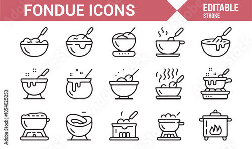 Cheese and chocolate fondue editable line icons