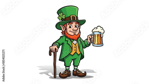A cartoon leprechaun dressed in green, holding a cane and a frothy mug of beer.