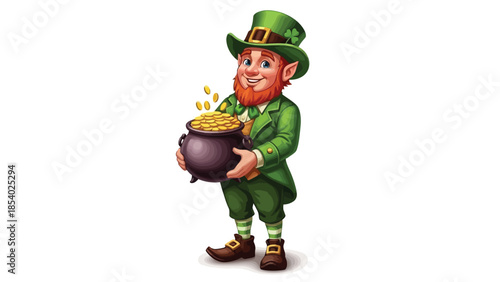 A cheerful leprechaun in a green suit and hat holding a pot of gold coins.