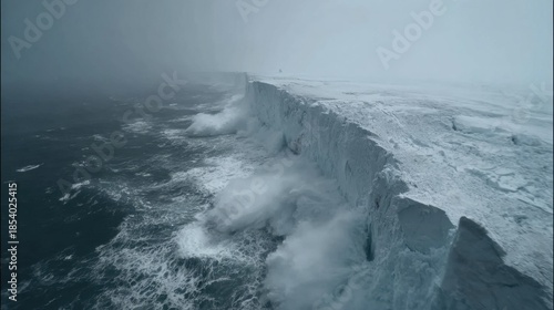 A cinematic aerial shot over the Antarctic ocean, capturing a massive glacier slowly fracturing along the coast, enormous chunks of ice breaking off and crashing into the freezing sea
