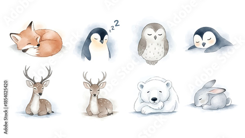 An adorable collection of sleeping wildlife, including woodland and arctic creatures, beautifully rendered in a soft Watercolor illustration style, perfect for tranquil design projects.