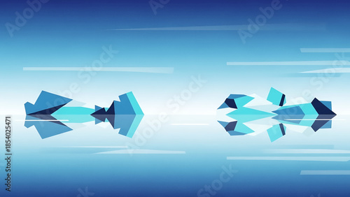 Two geometric low poly icebergs floating on calm blue water.