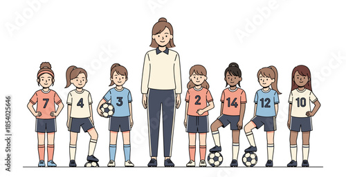 Girls Soccer Team with Female Coach Standing in Line Flat Illustration