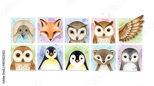 Adorable Watercolor animal faces and an avian wing, a charming illustration set with soft, colorful backdrops.