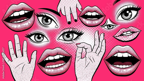 Retro Pop Art Collage of Lips, Eyes, and Hands on a Vibrant Pink Background, a Unique Graphic Design