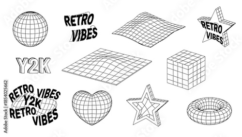Collection of Y2K and retro vibes graphic elements including wireframe shapes and typography for a nostalgic aesthetic