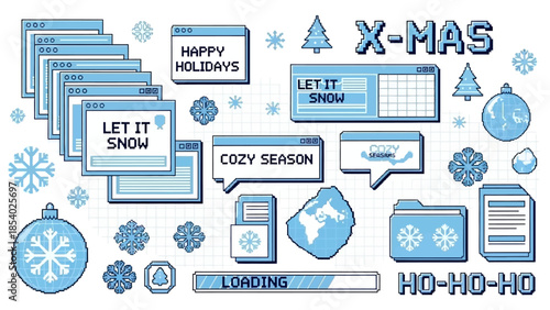 Retro Geometric Snowflake and Christmas Icons Collection with Pixelated Windows and Festive Greetings