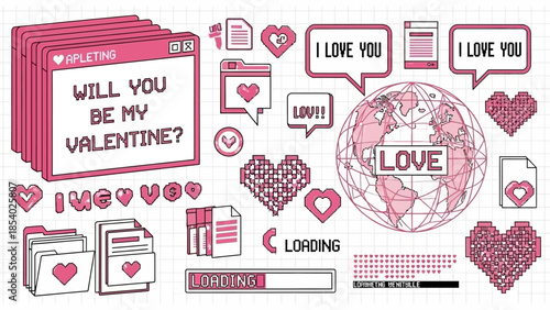 Retro Digital Valentine's Day Graphics Hearts, Love Messages, and Computer Interface Elements