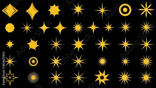 Collection of Yellow Starburst and Sparkle Icons on Black Background, Perfect for Graphic Design and Web Elements