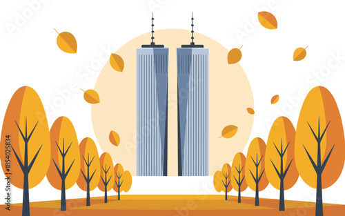 Twin towers with autumn trees and falling leaves vector