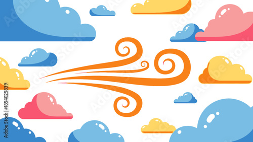 Swirling Wind Gusts and Cumulus Clouds in a Vibrant, Retro-Inspired Vector Illustration