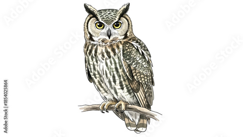 Captivating Watercolor Illustration of a Majestic Owl Perched on a Branch in its Natural Wildlife Environment, Full Front View.