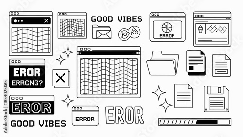 Y2K aesthetic vector illustration set featuring glitch art, retro computer interfaces, and error messages for a nostalgic digital theme