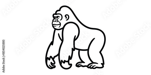 A strong gorilla line art illustration standing on its hind legs on a clean white background