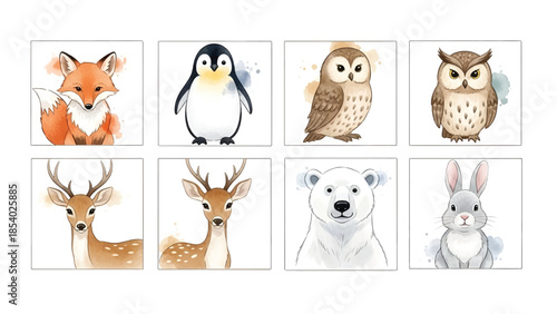 Captivating Watercolor Animal Collection: A delightful ensemble of charming wildlife illustrations, presented from a front view in a clean, artistic environment.