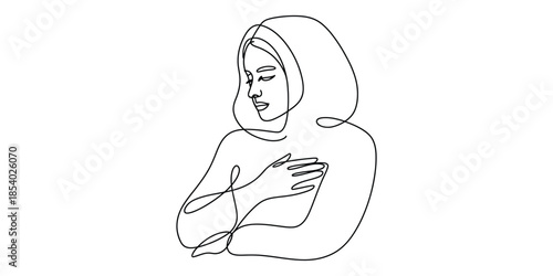 Minimalist continuous line art of a woman holding her hand to her heart, expressing peace and self-love