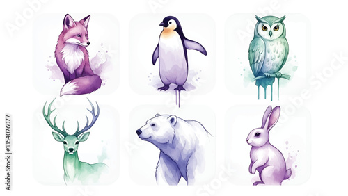 Artistic array of diverse wildlife, from forest to arctic, beautifully rendered in vibrant Watercolor on isolated white.