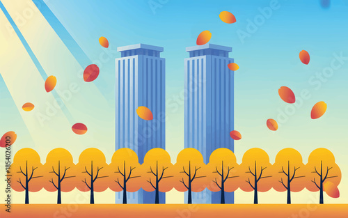Autumn leaves falling near blue skyscrapers under a bright sky