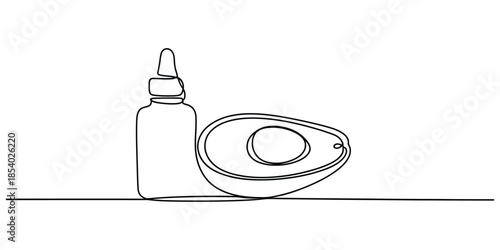 Elegant illustration of natural avocado and a cosmetic serum bottle in one continuous line