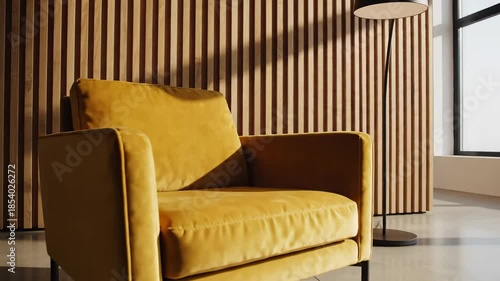 Modern Yellow Armchair with Wood Slat Wall and Floor Lamp.