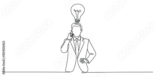 Thoughtful businessman in continuous line art style with an innovative idea