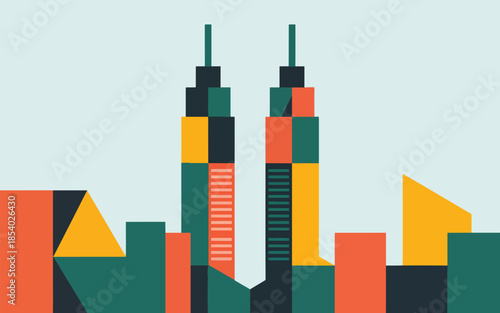 Geometric abstract cityscape with twin towers buildings