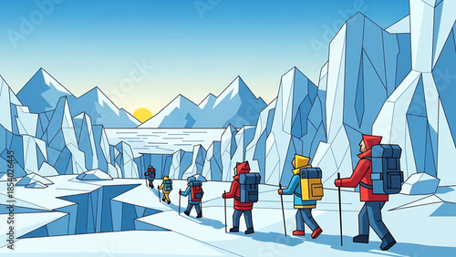 A team of mountaineers with backpacks hiking in a single file line.