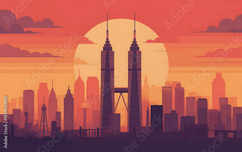 Twin Towers Skyline at Sunset with Orange Sky cityscape