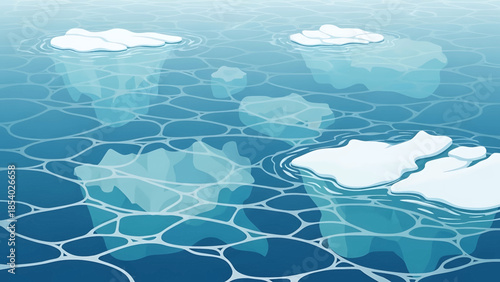 Arctic scene with floating ice floes on clear blue water.