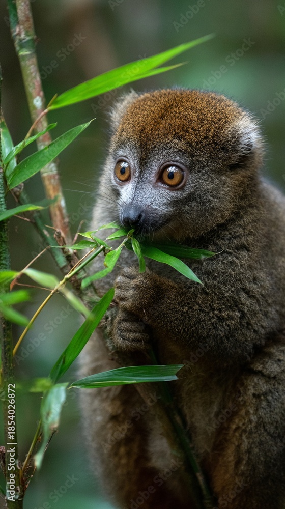 Fototapeta premium Curious lemur nibbling on fresh green bamboo leaves in a lush, blurred forest background, showcasing the gentle nature of this endemic Madagascar primate species