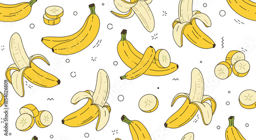 Vibrant seamless pattern of whole peeled and sliced yellow bananas with small decorative circles on a white background.