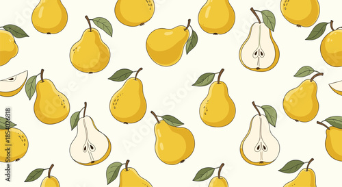 Seamless pattern featuring whole and halved yellow pears with small green leaves scattered across a light cream background.