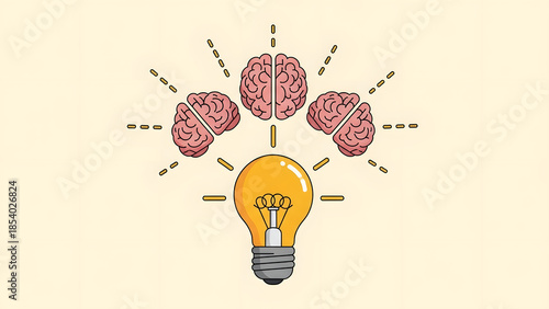Modern business innovation and collective intelligence concept with three human brains connected to a glowing lightbulb for teamwork startup success and creative strategy ideas