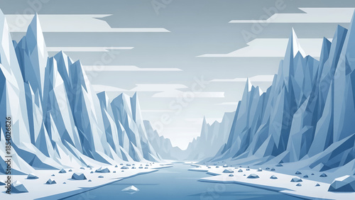 Expansive Arctic Valley with Jagged Ice Glaciers and a River.