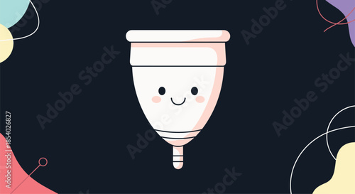 Adorable smiling menstrual cup character on a dark blue background with colorful abstract shapes for feminine hygiene care.