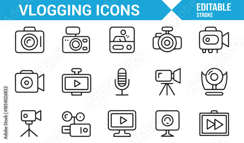 Vlogging and content creation outline icons set