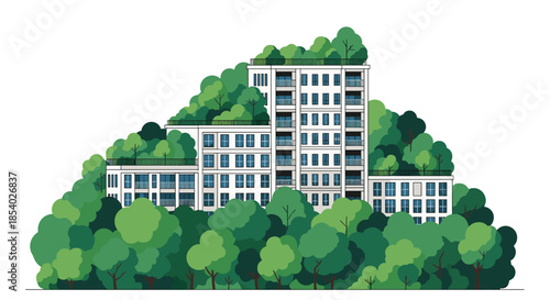 Architectural illustration of a modern white apartment building heavily integrated with lush green trees and rooftop gardens.