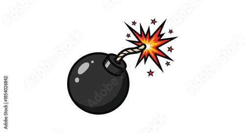 Classic black round bomb with a lit sparking fuse ready to explode isolated on a clean white background in a cartoon style.
