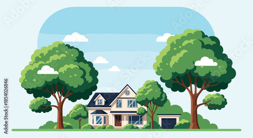 Charming suburban two story house with a dark roof surrounded by large green leafy trees and shrubs on a clear summer day.