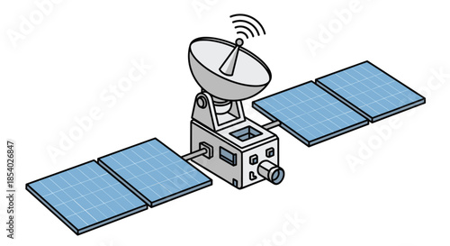 Communication or research satellite with large solar panels and antenna orbiting in space isolated on a white background.