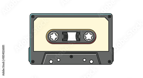 Classic retro music cassette tape with a grey body and cream label isolated on a plain white background in a flat style.