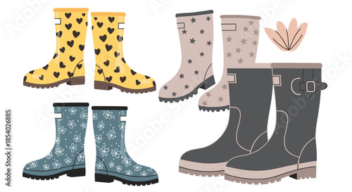 Collection of four pairs of stylish rubber rain boots with different patterns including hearts, stars, and small flowers.