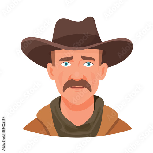 Cowboy man, cute cartoon, Wild west. Flat vector clipart, illustration with isolated background.