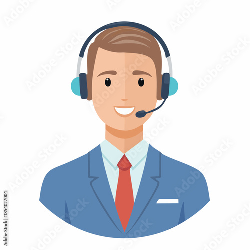 A professional customer support agent wearing a headset, illustration of a friendly male service representative with a microphone, representing excellent communication and assistance