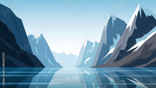 Vector illustration of a serene arctic fjord with snowy mountains.