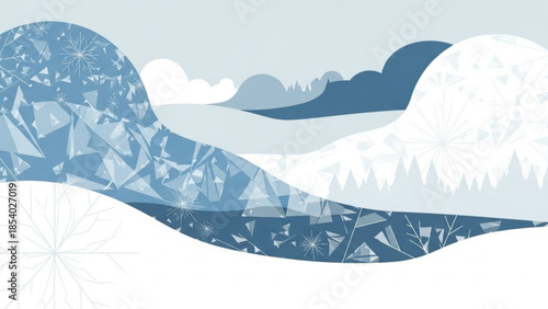Abstract winter landscape with stylized snow covered hills and geometric patterns of ice and snowflakes