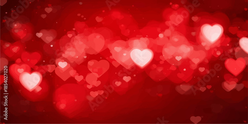 Bright red bokeh background with romantic heart shapes and festive Christmas lights creates a decorative holiday wallpaper design for Valentine's Day celebrations or wedding backdrop art