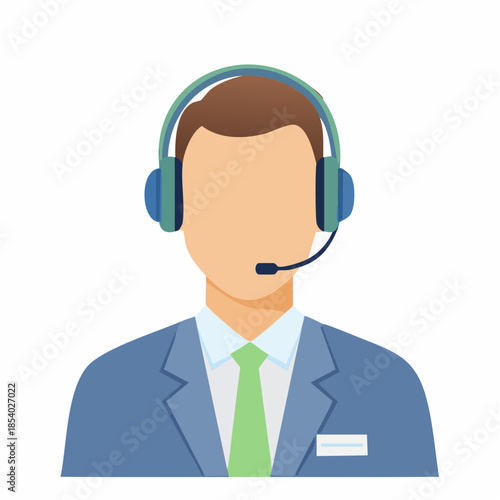 Customer support agent wearing headphones and tie, illustration of a professional service representative