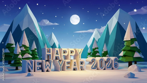 Happy new year 2026 winter wonderland landscape with snow capped mountains and pine trees under a full moon